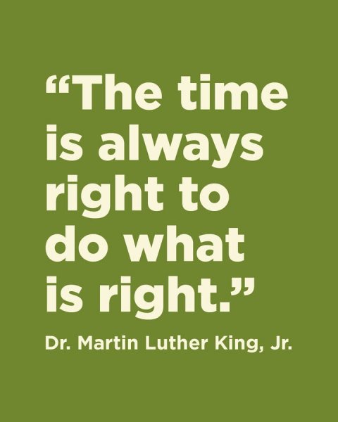 Advertisement, Poster, Text. Text: "The time is always right to do what is right." Dr. Martin Luther King, Jr.