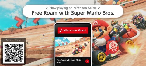 QR Code, Phone, Mobile Phone. Text: Now playing on Nintendo Music Free Roam with Super Mario Bros. Nintendo Music Scan to Listen Free Roam with Super Mario Bros.