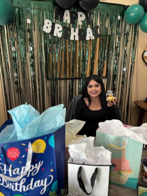 Adult, Person, Woman. Text: Happy