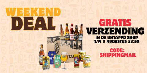 Beer, Advertisement, Beer Bottle. Text: WEEKEND DEAL GRATIS VERZENDING IN DE UNTAPPD SHOP T/M 9 AUGUSTUS 23:59 CODE: TAI SHIPPINGMAIL HAZY