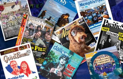 Publication, Advertisement, Poster. Text: Human FREE weekly EUGENE Pacific A CIT THE GRIEV - SOUND OF N PLUS Pet dallasvoice NO The Eureka