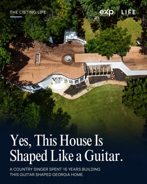 Outdoors, Pool, Backyard. Text: THE LISTING LIFE exp REALT LIFE Yes, This House Is Shaped Like a Guitar. A COUNTRY SINGER SPENT 16 YEARS BUILDING THIS GUITAR SHAPED GEORGIA HOME.