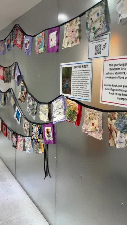 Advertisement, Poster, Indoors. Text: Lauren Koch Delaplaine Arts messages of love a new flags every COL back to see how