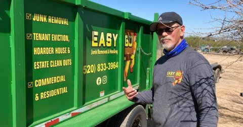 Adult, Man, Person. Text: JUNK REMOVAL TENANT EVICTION, EASY HOARDER HOUSE &amp; ESTATE CLEAN OUTS 520) 833-3964 COMMERCIAL &amp; RESIDENTIAL