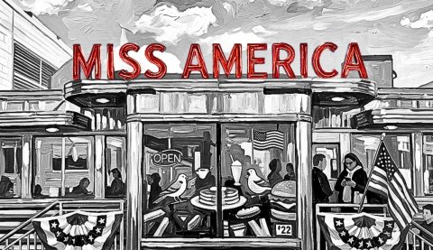 Restaurant, Diner, Person. Text: MISS AMERICA OPEN *22