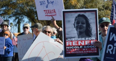 Protest, Glasses, People. Text: ICES Reign of TERROR JUSTICE FOR W NO RENEE NICOLE GOOD IC KILLED BY ICE IN MINNEAPOLIS
