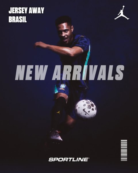 Adult, Man, Person. Text: JERSEY AWAY BRASIL NEW ARRIVALS SPORTLINE