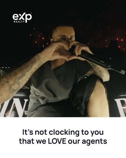 Microphone, Photography, Concert. Text: exp REALTY It's not clocking to you that we LOVE our agents