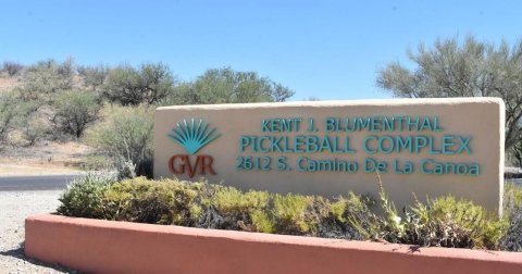Vegetation, Grass, Park. Text: KENT J. BLUMENTHAL PICKLEBALL COMPLEX GVR 2612 S. Camino De La Canoa