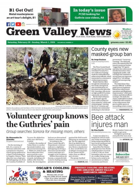 Newspaper, Person, Man. Text: B1 Get Out! In today's issue Metal masterpieces PCSD looking for an art tour's delight, B1 Guthrie case videos, A8 f Green Valley YOUR News YOUR NEWS Weather VOICE YOUR COMMUNITY County eyes new masked-group ban jorge