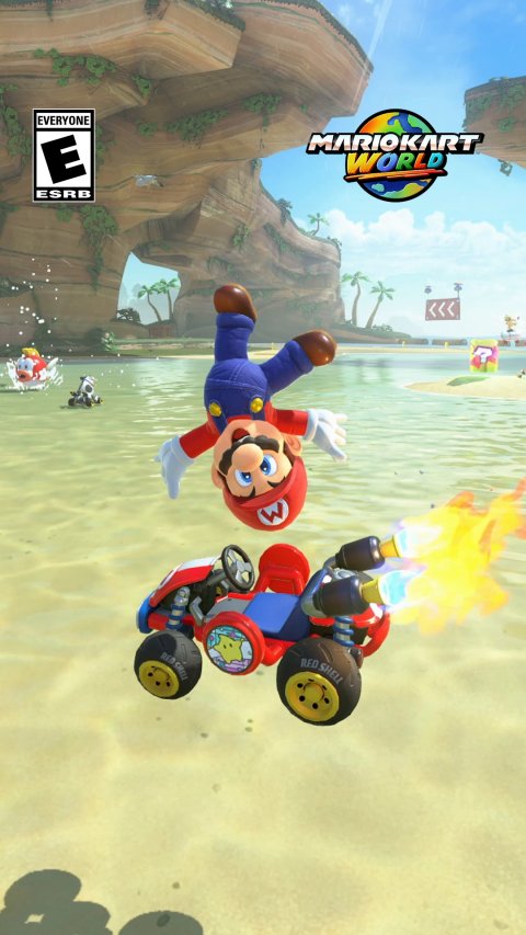 Person, Baby, Super Mario. Text: EVERYONE MARIOKART E WORLD ESRB RED SHELL RED CHELL
