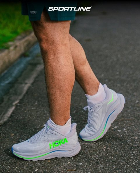Shoe, Sneaker, Person. Text: SPORTLINE 2XU HOKA