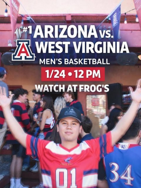 Baseball Cap, T-Shirt, Photography. Text: #1 ARIZONA VS. WEST VIRGINIA MEN'S BASKETBALL 1/24 12 PM WATCH AT FROG'S 34 01