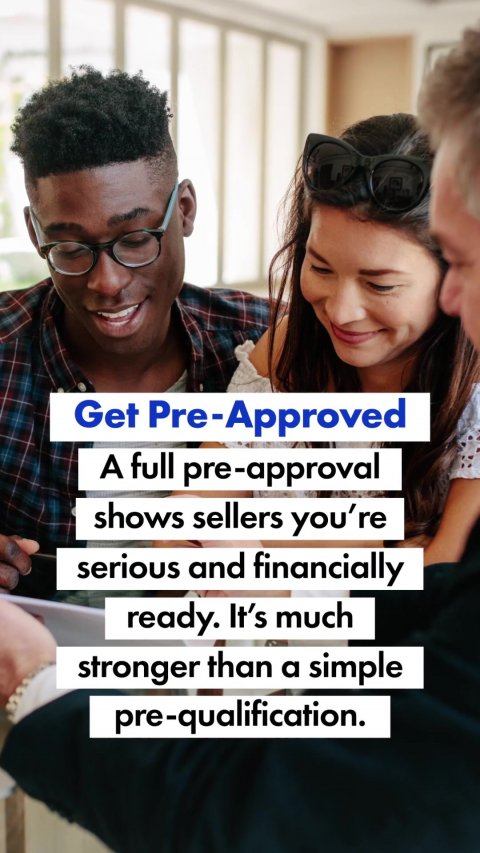 Glasses, People, Photography. Text: Get Pre-Approved A full pre-approval shows sellers you're serious and financially ready. It's much stronger than a simple pre-qualification.