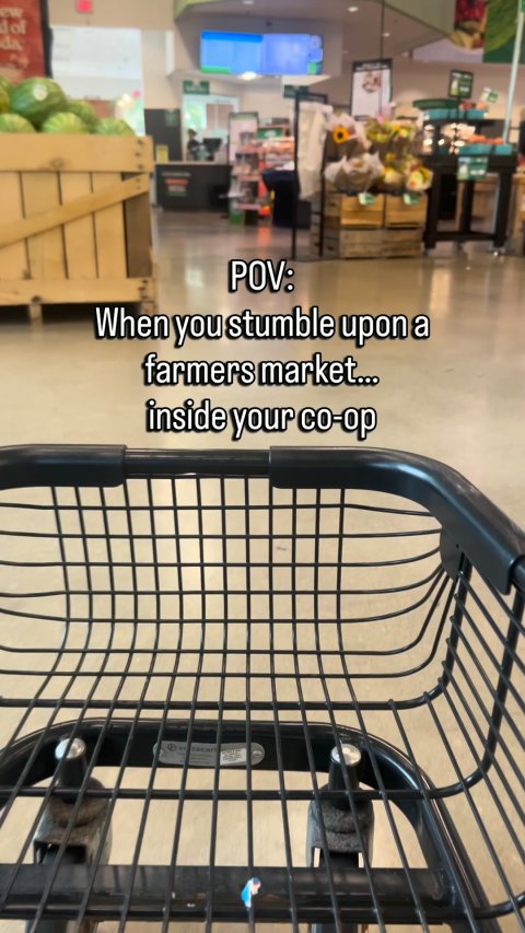 Adult, Person, Woman. Text: POV: When you stumble upon a farmers market... inside your co-op