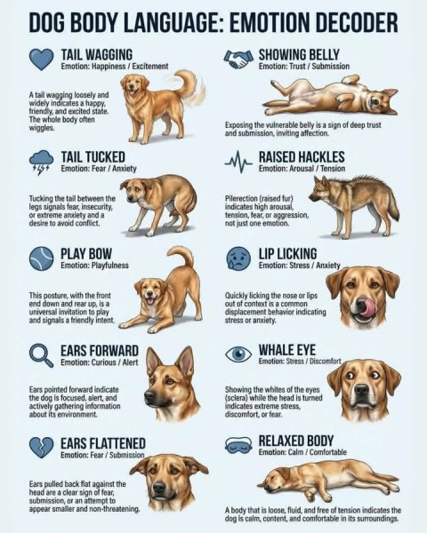 Advertisement, Dog, Hound. Text: DOG BODY LANGUAGE: EMOTION DECODER TAIL WAGGING SHOWING BELLY Emotion: Happiness/Excitement Emotion: Trust/Submission A tail wagging loosely and widely indicates a happy, The whole body often Exposing the vulnerable belly is a sign of deep trust wiggles. TAIL TUCKED RAISED HACKLES Tucking the tail between the Pilerection (raised fur) indicates high arousal, or extreme anxiety and 8 desire to avoid conflict. not just one emotion. PLAY BOW LIP LICKING Emotion: Playfulness This posture, with the front Quickly