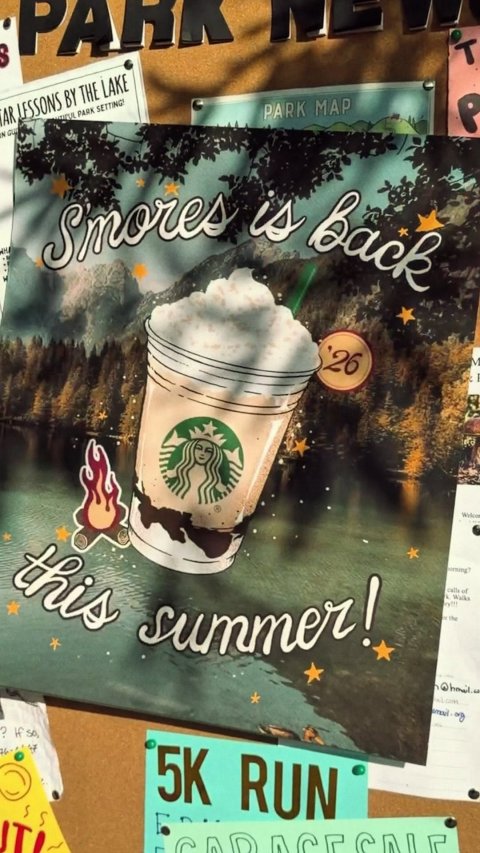 Advertisement, Poster, Disposable Cup. Text: PARK MAP Smores is back this summer! 5K RUN
