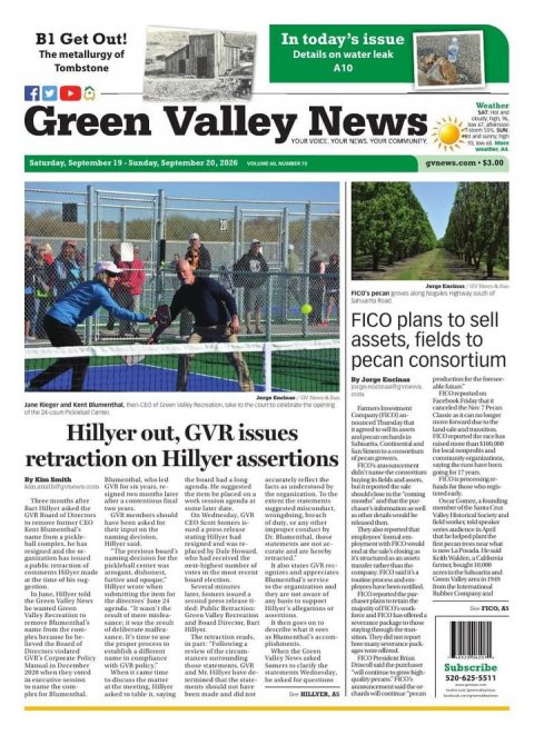 Newspaper, Text, Person. Text: B1 Get Out! In today's issue The metallurgy of Details on water leak Tombstone A10 f Weather Green Valley YOUR News YOUR YOUR FICO plans to sell assets, fields to pecan consortium