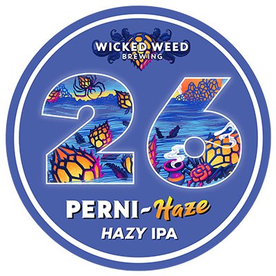 Symbol, Number, Logo. Text: WICKED WEED BREWING PERNI- Haze HAZY IPA