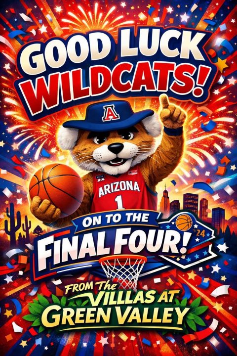 Advertisement, Basketball (Ball), Poster. Text: GOOD LUCK WILDCATS! A ARIZONA 1 ON TO THE FINAL FOUR! 24 FROM The VILLAS AT GREEN VALLEY