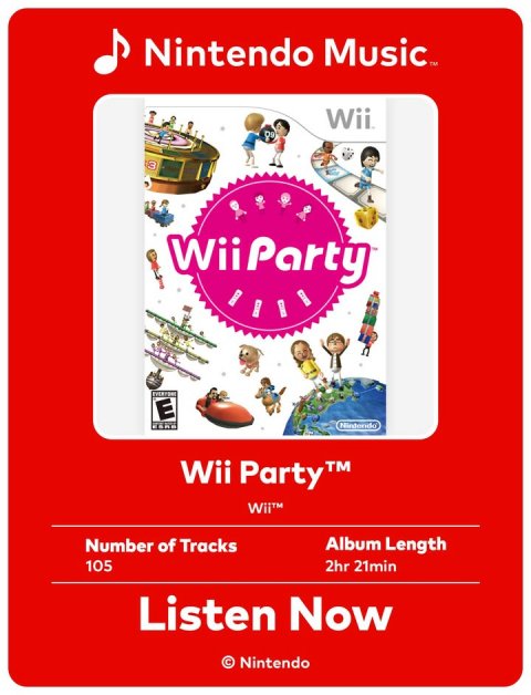 Advertisement, Poster, Person. Text: WiiParty E Wii Party™ TM Wii™ Number of Tracks Album Length 105 2hr 21min Listen Now © Nintendo