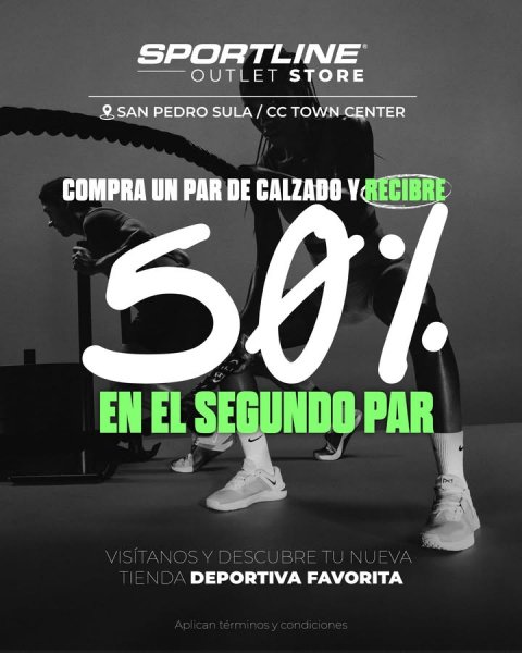Advertisement, Poster, Person. Text: SPORTLINE OUTLET STORE SAN PEDRO SULA/CC TOWN CENTER 30% COMPRA UN DE CALZADO Y EN EL SEGUNDO PAR VISÍTANOS Y DESCUBRE TU NUEVA TIENDA DEPORTIVA FAVORITA Aplican términos y condiciones