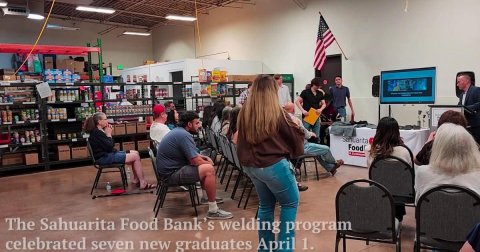 Adult, Person, Woman. Text: The Sahuarita Food Bank's welding program celebrated seven new graduates April 1.