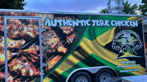 Advertisement, Bbq, Moving Van. Text: AUTHENTIC JERK CHICKEN 501 227-1123