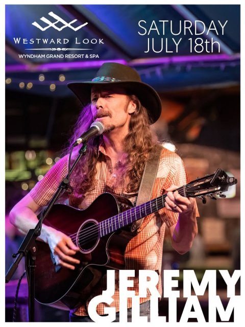 Microphone, Guitar, Person. Text: SATURDAY WESTWARD LOOK JULY 18th WYNDHAM GRAND RESORT &amp; SPA JEREMY GILLIAM