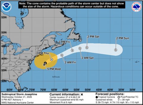 Plot, Map, Rainforest. Text: Note: The cone contains the probable path of the storm center but does not show the size of the storm. Hazardous conditions can occur outside of the cone. 55N 50N 2 PM Sat 2 PM Sun 2.PM Fri 45N NY PA 2 AM Sat 2 AM Fri Th 5 PM Wed 35N GA 85W 75W 70W 65W 60W 55W 50W 45W 40W 35W 30W Subtropical Storm Josephine Current information: x Forecast positions: Wednesday