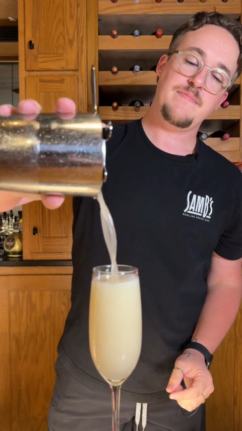 Cooking, Pouring Food, Glasses. Text: SAMB'S