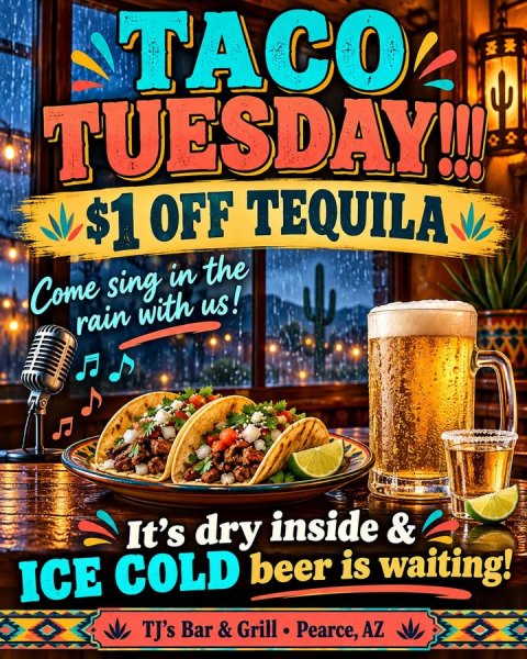 Beer, Microphone, Advertisement. Text: TACO $1 OFF TEQUILA Come sing in the rain with us! It's dry inside &amp; ICE COLD beer is waiting!