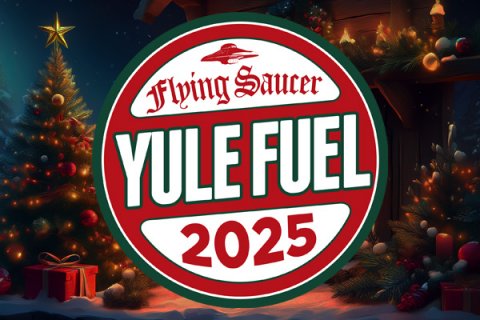Tree, Christmas Decorations, Christmas Tree. Text: Flying Saucer YULE FUEL 2025