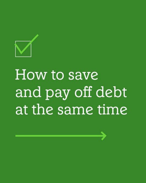 Green, Text, Recycling Symbol. Text: How to save and pay off debt at the same time