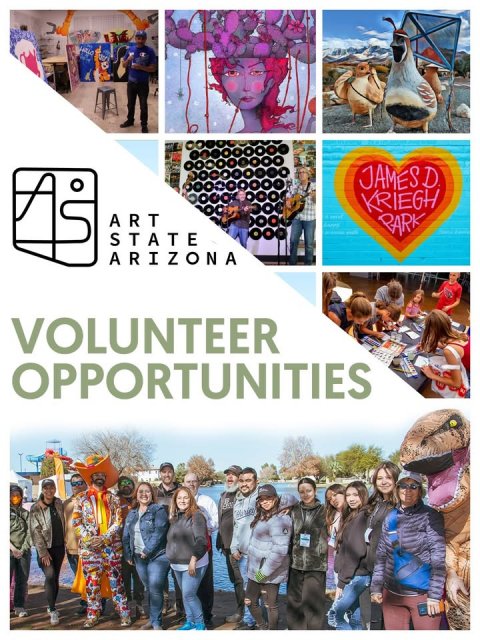 Collage, People, Person. Text: KRIEGH ART PARK STATE ARIZONA VOLUNTEER OPPORTUNITIES
