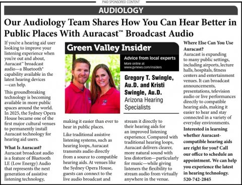 Newspaper, Text, Person. Text: AUDIOLOGY Our Audiology Team Shares How You Can Hear Better in Public Places With Auracast™ Broadcast Audio If you're a hearing aid user Where Else Can You Use looking to improve your Green Valley Insider Auracast? listening experience when Auracast is expanding Advice from local experts you're out and about, to many public settings, Auracast™ broadcast including airports, lecture halls, hospitals, fitness capability available in the centers and entertainment Gregory T. Swingle, latest hearing devices venues. It can broadcast Au.D. and Kristi -can help. announcements, This groundbreaking Swingle,