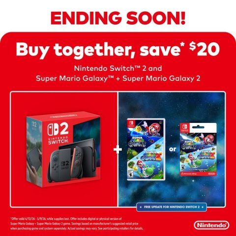 Advertisement, Poster, Computer Hardware. Text: ENDING SOON! Buy together, save* $20 Nintendo Switch™ 2 and Super Mario Galaxy™ + Super Mario Galaxy 2 SUPER NINTENDO + or SUPER FREE UPDATE FOR NINTENDO SWITCH 2