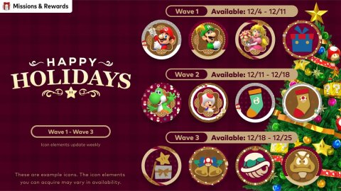 Blackboard, Person, Festival. Text: Missions &amp; Rewards Wave 1 HAPPY HOLIDAYS Wave 2 Available: 12/11 - 12/18 Wave 3 Available: 12/18 - 12/25 you con acquire may vary in availability.