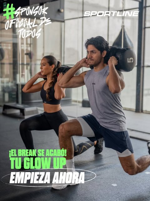Adult, Person, Woman. Text: SPORTLINE TODOS 5 ¡EL BREAK SE ACABÓ! TU GLOW UP EMPIEZA AHORA