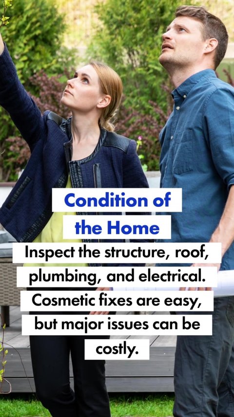 Photography, Vegetation, Portrait. Text: Condition of the Home Inspect the structure, roof, plumbing, and electrical. Cosmetic fixes are easy, but major issues can be costly.