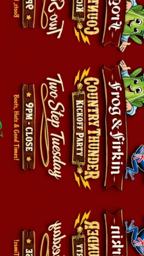 Baby, Person, Text. Text: frog &amp; firkin KIC COUNTRY THUNDER KICKOFF PARTY Two Step Tuesday дь Boots, Hats &amp; Good Times!