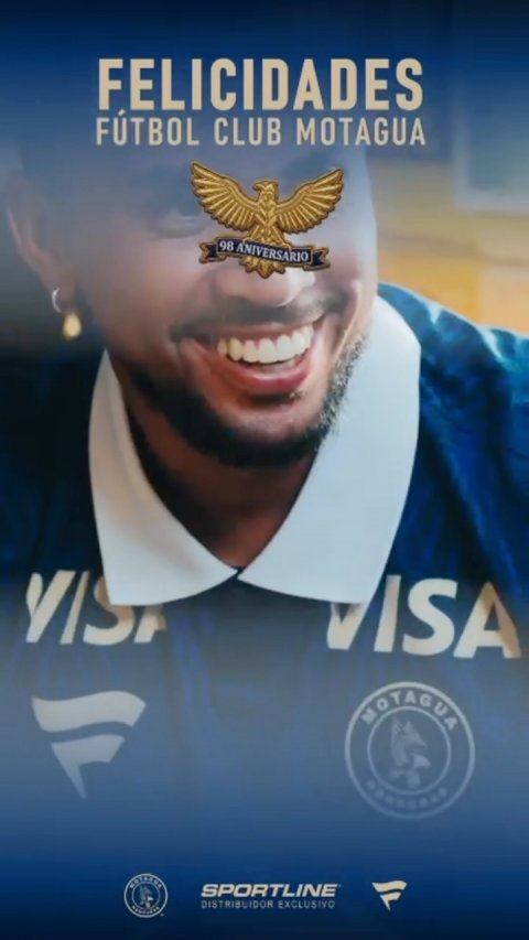 Advertisement, Poster, Head. Text: FELICIDADES FÚTBOL CLUB MOTAGUA 98 ANIVERSARIO VISA VISA MOTAGUA SPORTLINE DISTRIBUIDOR EXCLUSIVO