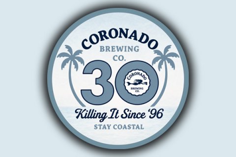 Badge, Logo, Symbol. Text: CORONADO BREWING CO. 3 CORONADO Killing It Since '96 STAY COASTAL