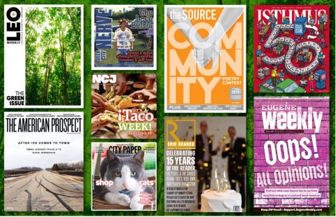 Publication, Advertisement, Poster. Text: the SOURCE ISTHMUS LEO COM NERVE adidas MUN NCJ GREEN ITY POETRY CONTEST THE ISSUE EUGENE iTaco WEEK! weekly R CITY PAPEP CELEBRATING 15 YEARS Oops! DE THE READER shop cats All Opinions!