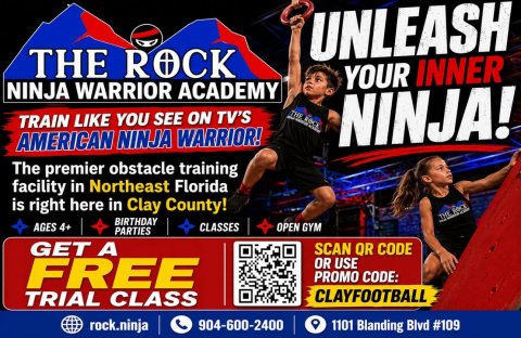 Advertisement, Poster, QR Code. Text: UNLEASH THE ROCK YOUR INNER NINJA WARRIOR ACADEMY TRAIN LIKE YOU SEE ON TV'S NINJA! AMERICAN NINJA WARRIOR! The premier obstacle training facility in Northeast Florida is right here in Clay County! BIRTHDAY AGES 4+ CLASSES OPEN GYM PARTIES GET A SCAN QR CODE FREE OR USE PROMO CODE: CLAYFOOTBALL TRIAL CLASS rock.ninja 904-600-2400 1101 Blanding Blvd #109