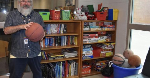 Basketball (Ball), Library, Person.