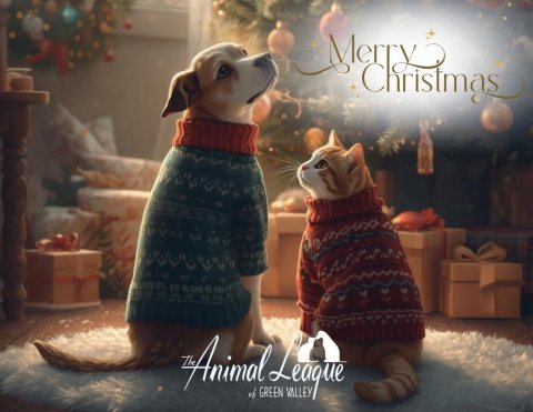 Rug, Sweater, Hat. Text: Merry Christmas Animal of League VALLEY GREEN