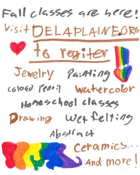 Text, Handwriting, Ketchup. Text: Fall classes are here! to regiter Jewelry Painting watercolor Homeschool classes Drawing wet felting Abstract And more!