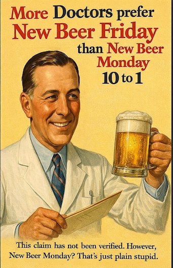 Beer, Lager, Advertisement. Text: More Doctors prefer New Beer Friday than New Beer Monday 10 to 1 This claim has not been verified. However, New Beer Monday? That's just plain stupid.