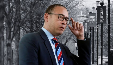 Formal Wear, Tie, Glasses. Text: RUTGERS RUTGERS THE